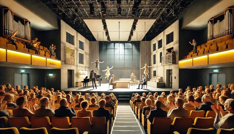 Theateraufführungen in Dorsten - Eine moderne Theaterbühne in Dorsten während einer Aufführung. Die Bühne ist mit minimalistischen, zeitgenössischen Elementen dekoriert, und die Schauspieler performen dynamisch im Scheinwerferlicht. Im Vordergrund sitzt ein begeistertes Publikum, einige Zuschauer klatschen und lächeln, was die lebendige Atmosphäre des Theaters einfängt.