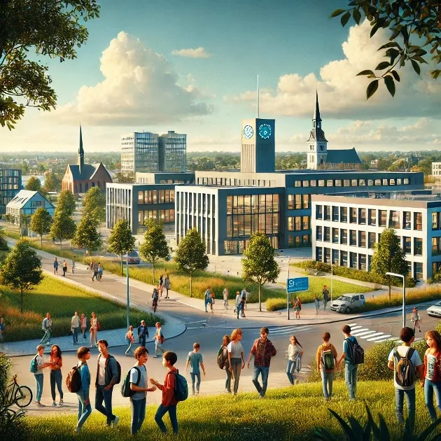 Die Sekundarschule in Dorsten, ein modernes, mehrstöckiges Gebäude mit großen Fenstern und einer hellen Fassade. Vor dem Schulgebäude befinden sich Grünflächen und ein gepflasterter Eingangsbereich. Im Hintergrund sind Bäume und ein klarer Himmel zu sehen.