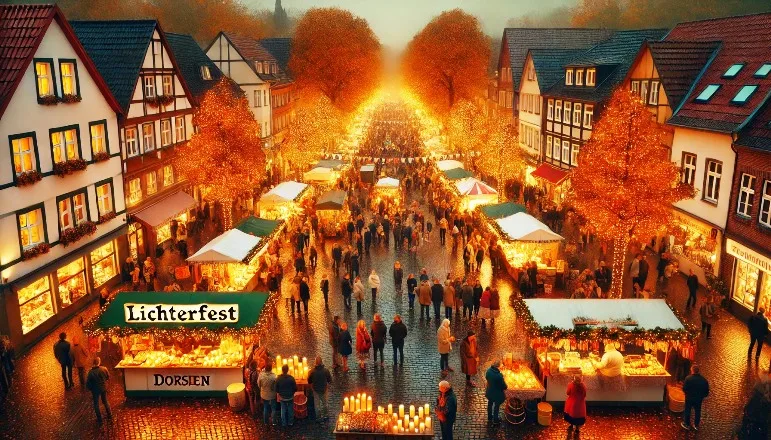 Das Lichterfest in Dorsten 2024 verwandelt die Straßen in ein strahlendes Lichtermeer aus bunten Kerzen. Menschen versammeln sich in gemütlicher Atmosphäre, während herbstliche Farben und stimmungsvolle Beleuchtung die Szene prägen. Essensstände bieten herzhafte Speisen an, und das sanfte Leuchten der Kerzen auf dem Kopfsteinpflaster verbreitet Wärme und Gemeinschaftsgefühl an diesem kühlen Novemberabend