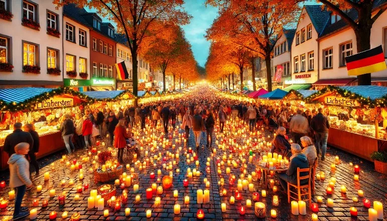 Ein lebendiges Straßenfest beim Lichterfest in Dorsten 2024: Die Straßen sind dicht mit bunten Kerzen übersät, die eine warme und festliche Atmosphäre schaffen. Menschen stehen zusammen, genießen die spätherbstliche Stimmung im November. Zahlreiche Essensstände säumen den Weg, und die Bäume zeigen ihre leuchtend orangefarbenen und goldenen Blätter. Das warme Kerzenlicht reflektiert auf den Kopfsteinpflasterstraßen, während der dunkle Himmel den Beginn der Herbstnacht markiert.