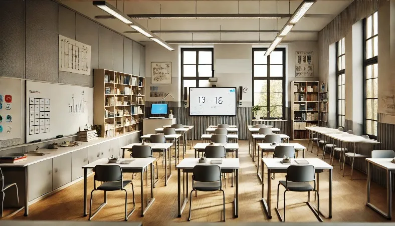 Klassenzimmer einer Realschule in Dorsten. Das Bild zeigt Tische und Stühle, die ordentlich in Reihen angeordnet sind. Die Wände sind in neutralen Farben gehalten, und Tageslicht fällt durch große Fenster ein, wodurch der Raum hell und einladend wirkt.